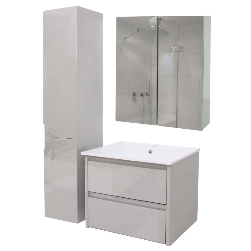 Ensemble pour salle de bain lavabo armoire de toilette armoire murale, haute brillance MVG-certifié - gris