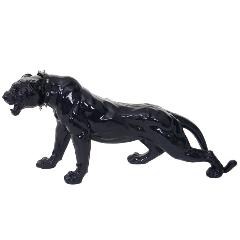 Figure de décoration léopard, 59cm, sculpture, polyrésine - noir poli fin avec collier