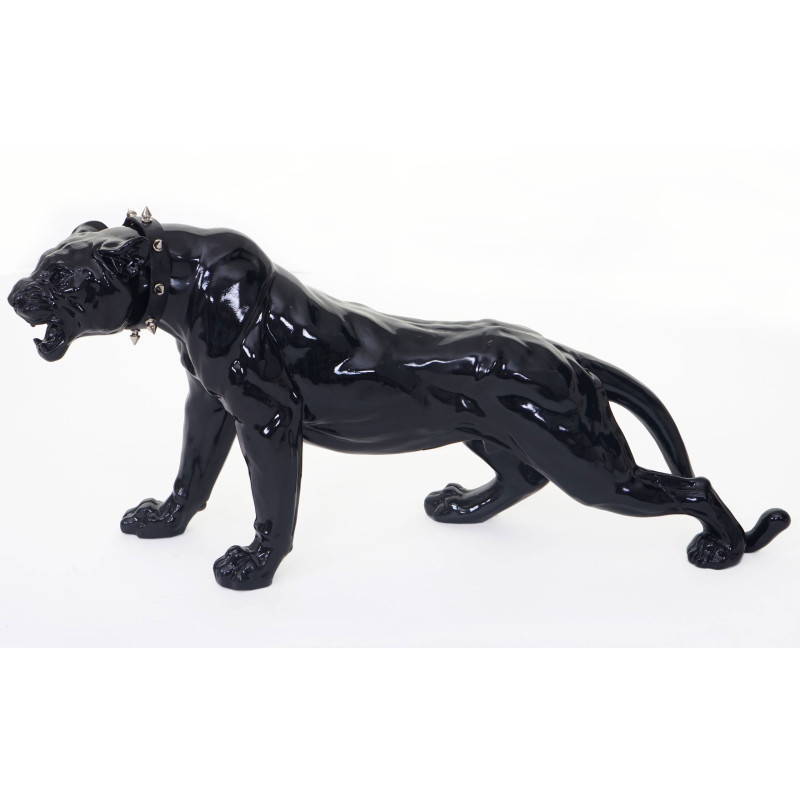 Figure de décoration léopard, 59cm, sculpture, polyrésine - noir poli fin avec collier