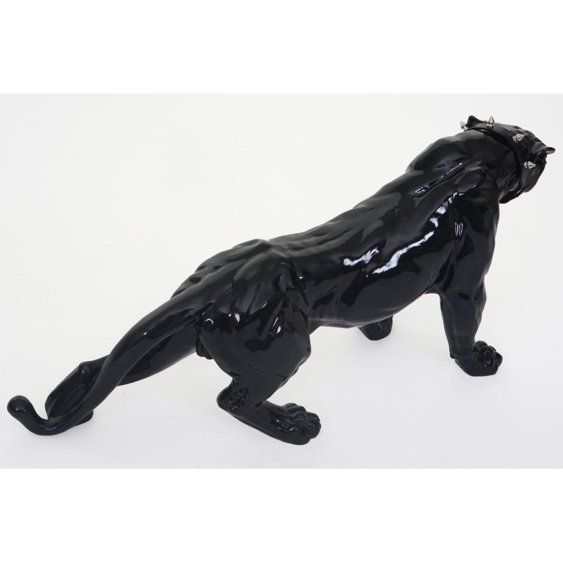 Figure de décoration léopard, 59cm, sculpture, polyrésine - noir poli fin avec collier