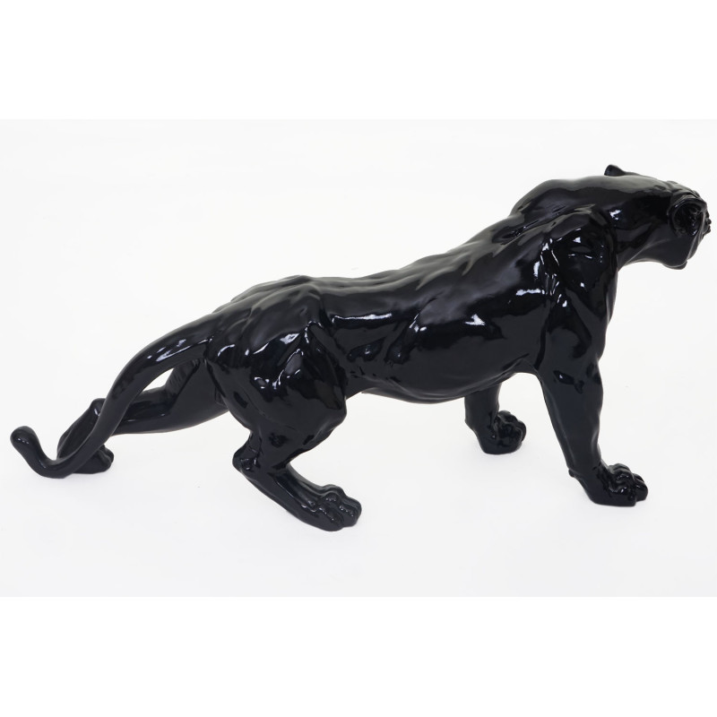 Figure de décoration léopard / panthère, polyresin, sculpture 59cm, intérieur/plein air - noir poli fin
