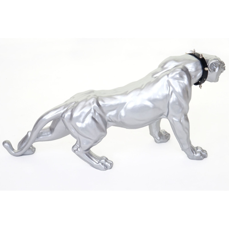 Figure de décoration léopard, 59cm, sculpture, polyrésine - argent mat avec collier