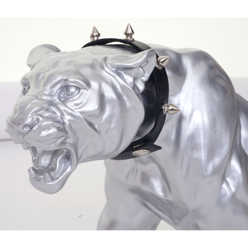 Figure de décoration léopard, 59cm, sculpture, polyrésine - argent mat avec collier