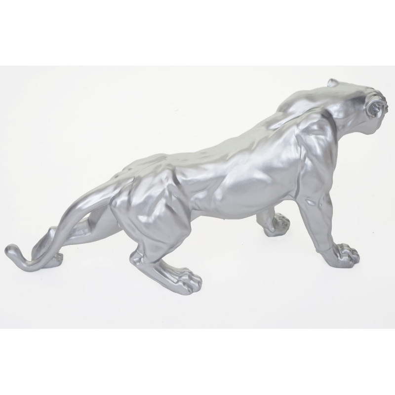 Figure de décoration léopard / panthère, polyresin, sculpture 59cm, intérieur/plein air - argent mat