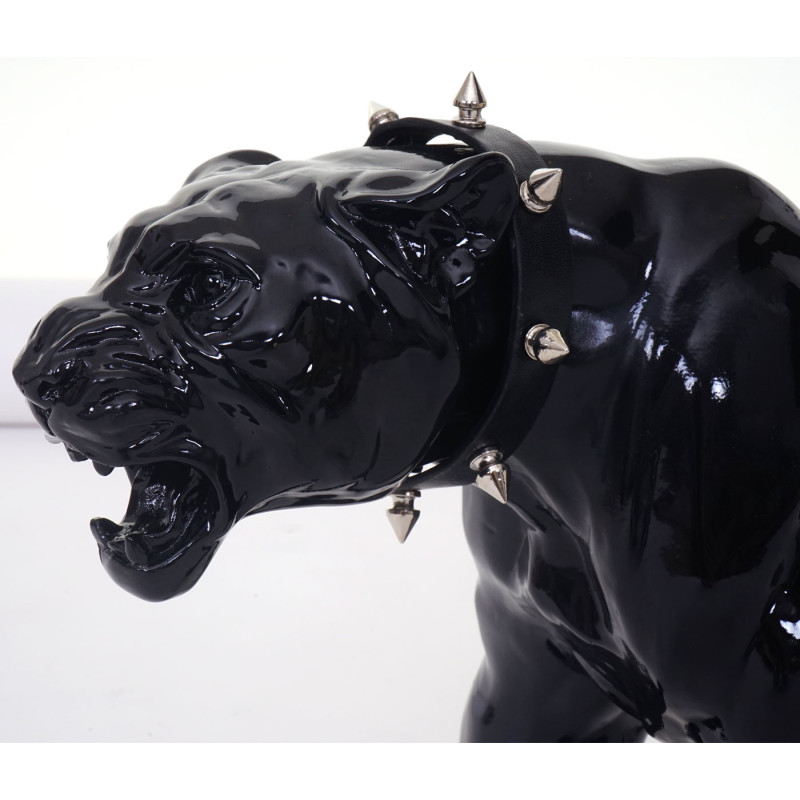 Figure de décoration léopard, 59cm, sculpture, polyrésine - noir poli fin avec collier