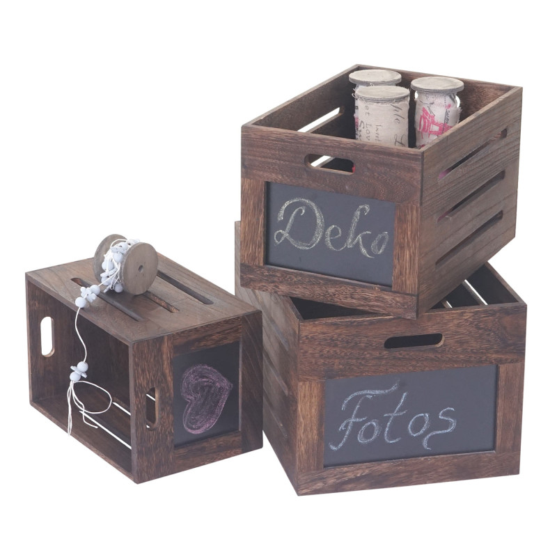 3x boîte en bois Troyes, box de conservation avec tableau, style shabby, vintage - marron