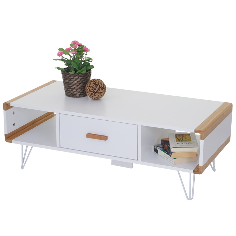 Table basse de salon Toledo, table d'appoint avec bambou, blanc 100x45x35cm