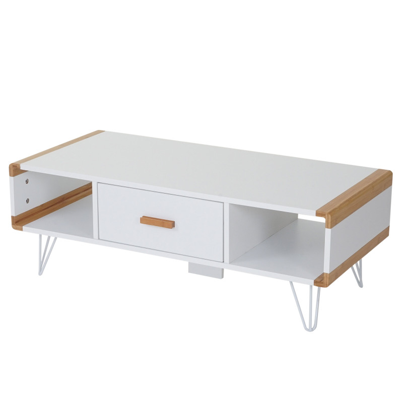 Table basse de salon Toledo, table d'appoint avec bambou, blanc 100x45x35cm