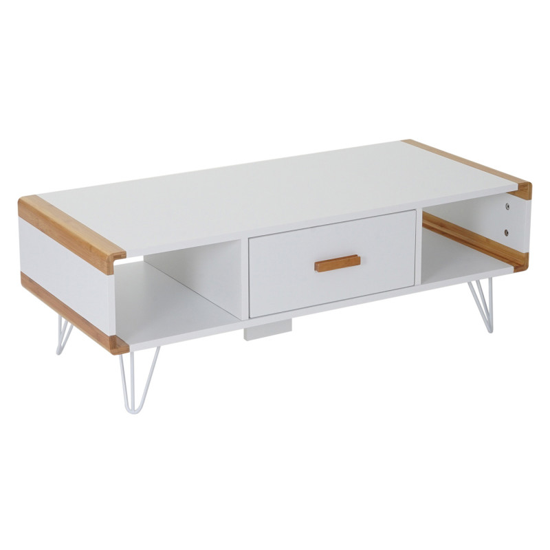 Table basse de salon Toledo, table d'appoint avec bambou, blanc 100x45x35cm