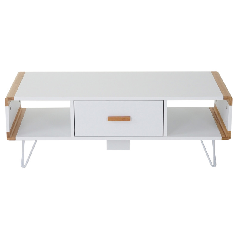 Table basse de salon Toledo, table d'appoint avec bambou, blanc 100x45x35cm