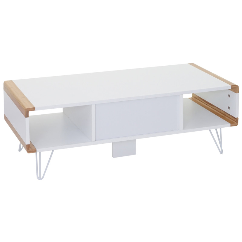 Table basse de salon Toledo, table d'appoint avec bambou, blanc 100x45x35cm