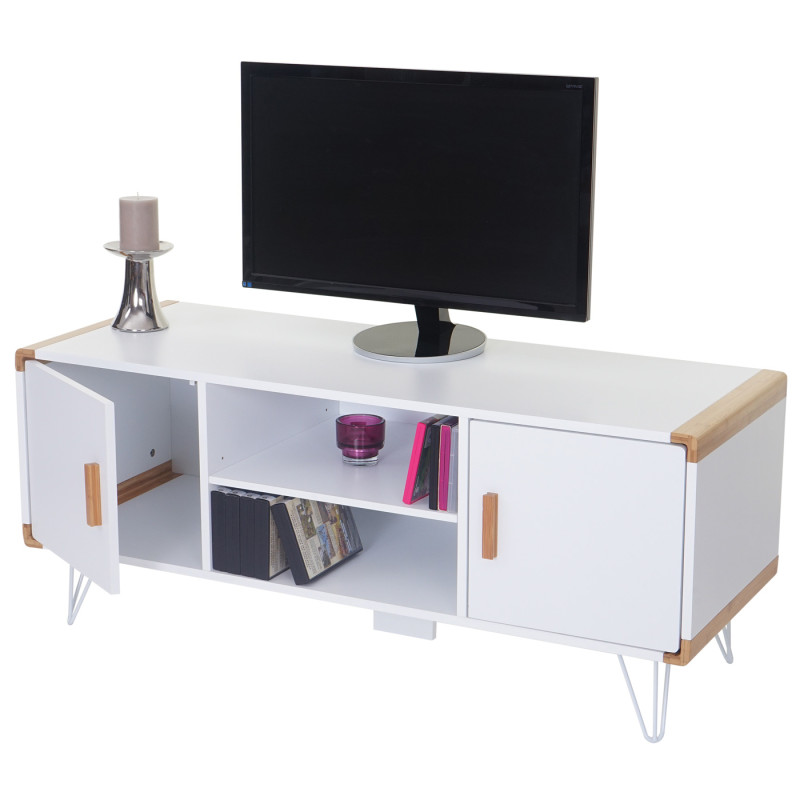 Rack TV Toledo, table basse de télévision avec bambou, blanc, 120x50x45,5cm