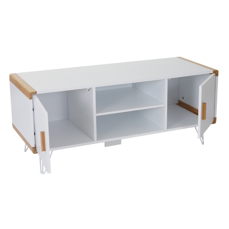 Rack TV Toledo, table basse de télévision avec bambou, blanc, 120x50x45,5cm