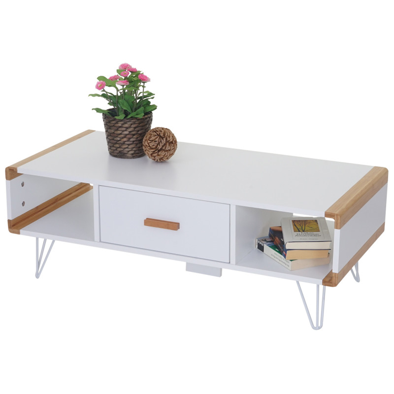 Rack TV Toledo, table basse de télévision avec bambou, blanc, 120x50x45,5cm