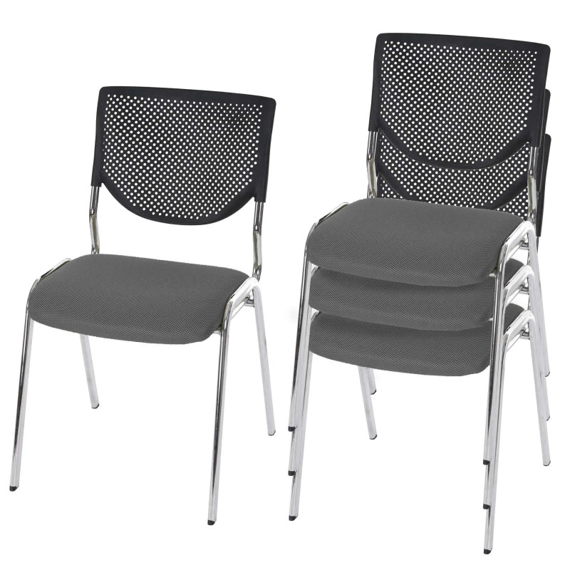 Lot de 4 chaises visiteur T401, chaise de conférence, empilable, tissu - siège gris, pieds chromés