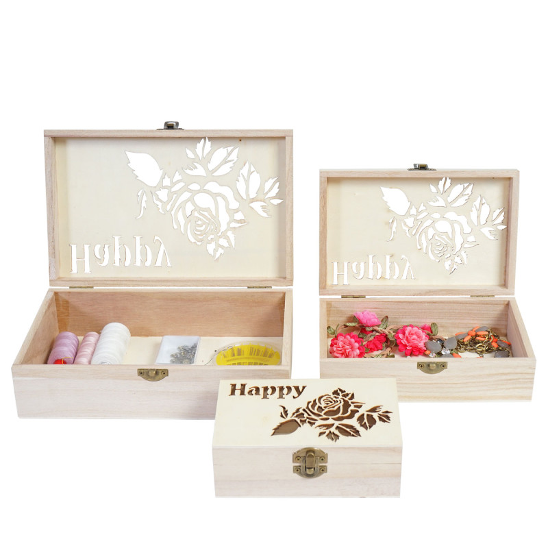3x boîte en bois T281 S+M+L Happy, casier de rangement, coffret à bijoux, boîte de cadeau / collection
