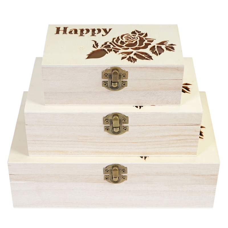 3x boîte en bois T281 S+M+L Happy, casier de rangement, coffret à bijoux, boîte de cadeau / collection