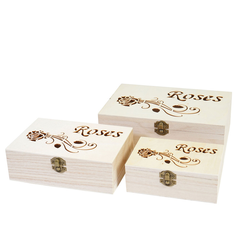 3x boîte en bois T281 S+M+L Roses, casier de rangement, coffret à bijoux, boîte de cadeau / collection