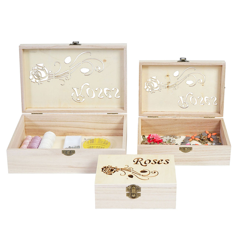 3x boîte en bois T281 S+M+L Roses, casier de rangement, coffret à bijoux, boîte de cadeau / collection