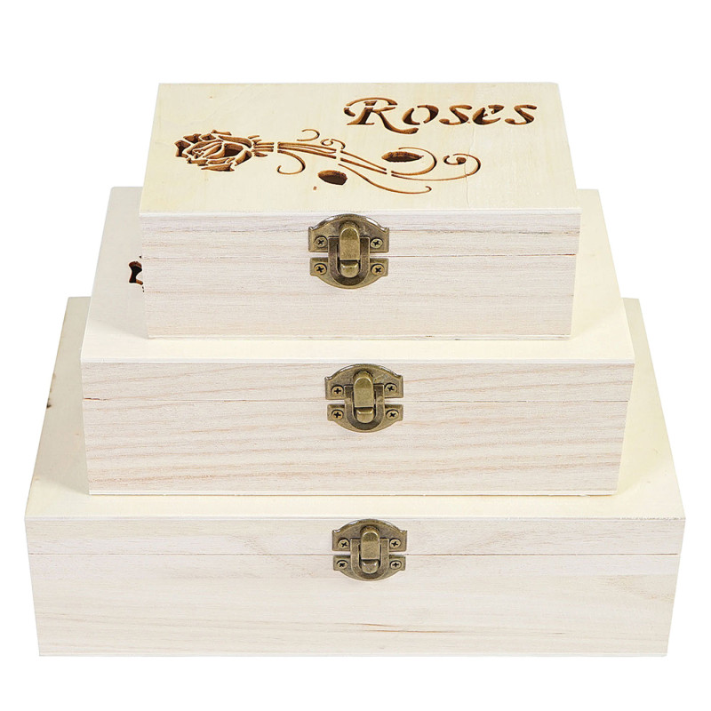 3x boîte en bois T281 S+M+L Roses, casier de rangement, coffret à bijoux, boîte de cadeau / collection