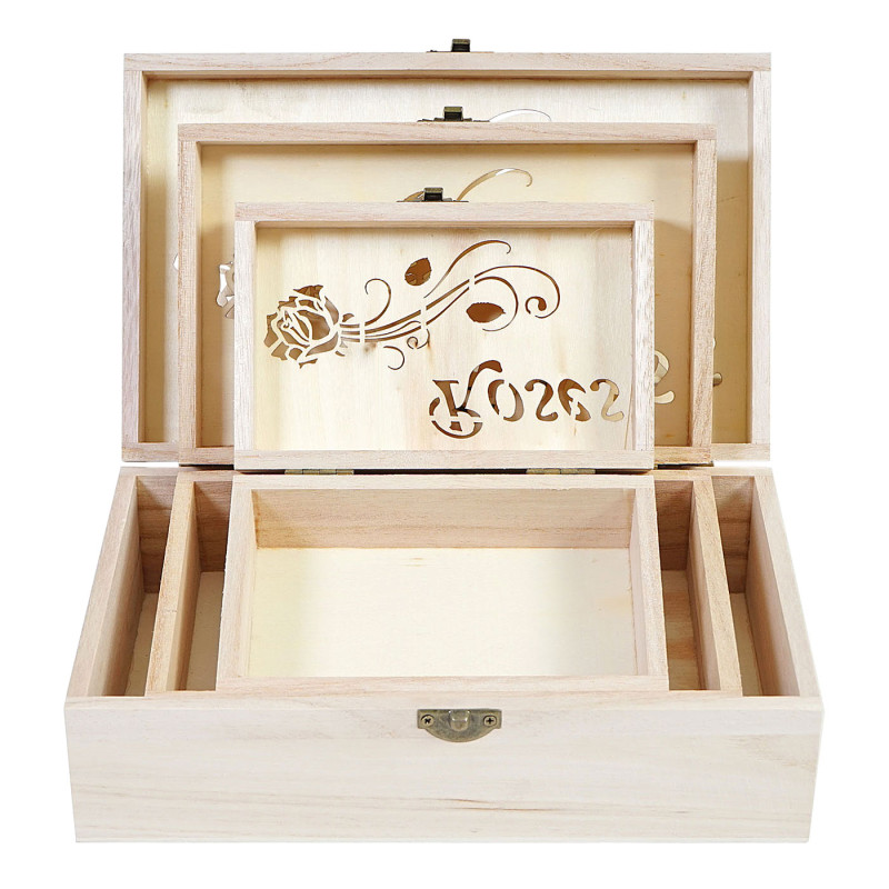 3x boîte en bois T281 S+M+L Roses, casier de rangement, coffret à bijoux, boîte de cadeau / collection