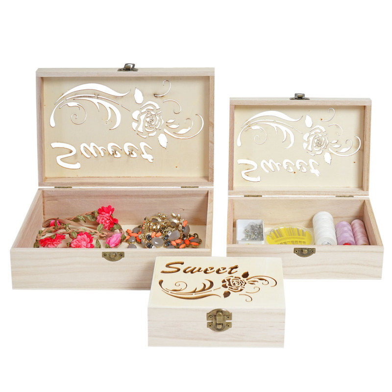 3x boîte en bois T281 S+M+L Sweet, casier de rangement, coffret à bijoux, boîte de cadeau / collection