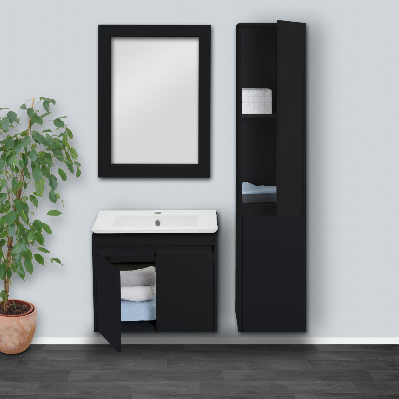 Ensemble pour salle de bain lavabo miroir mural armoire suspendue lavabo, certifié MVG revêtement mélaminé - noir