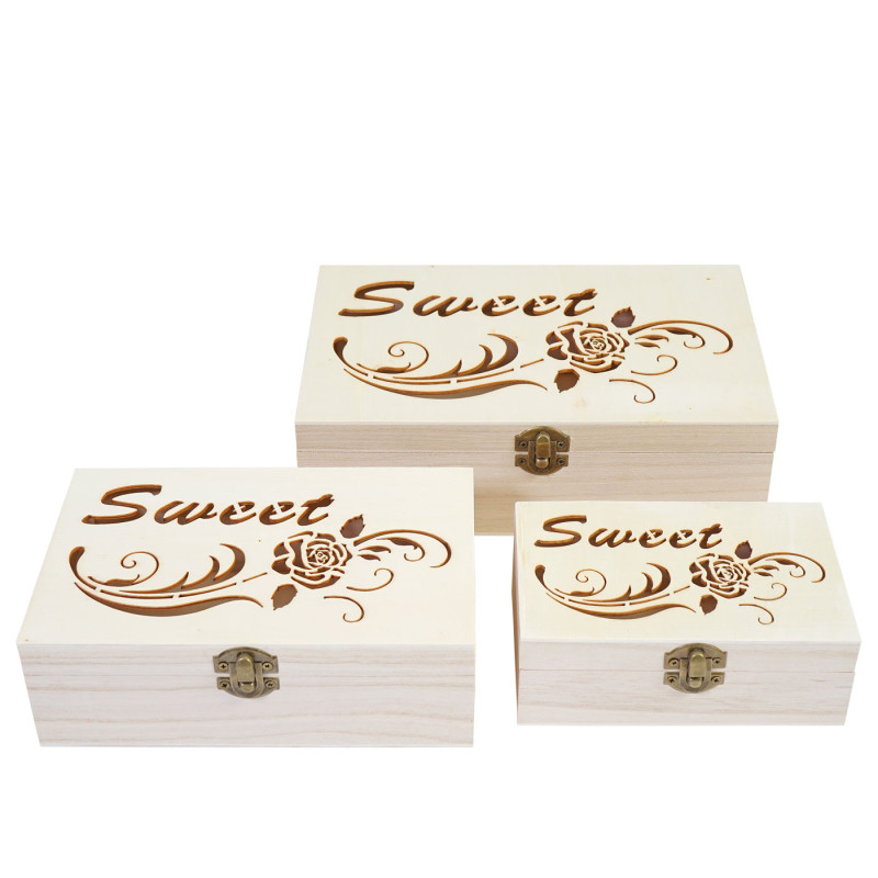 3x boîte en bois T281 S+M+L Sweet, casier de rangement, coffret à bijoux, boîte de cadeau / collection