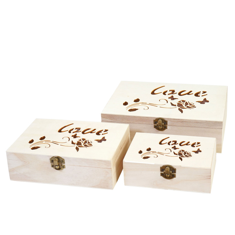 3x boîte en bois T281 S+M+L Love, casier de rangement, coffret à bijoux, boîte de cadeau / collection