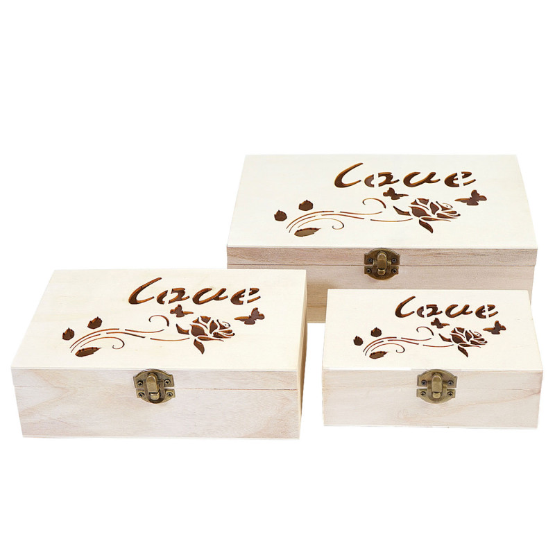 3x boîte en bois T281 S+M+L Love, casier de rangement, coffret à bijoux, boîte de cadeau / collection