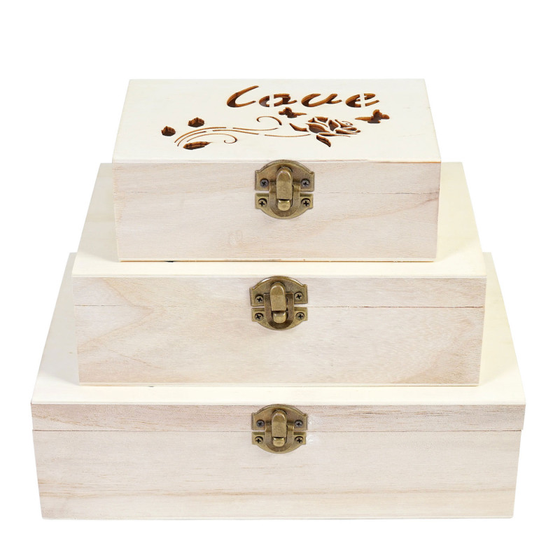3x boîte en bois T281 S+M+L Love, casier de rangement, coffret à bijoux, boîte de cadeau / collection