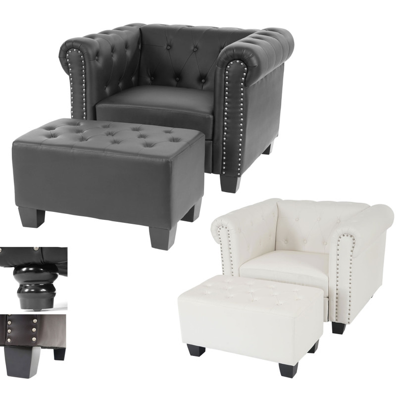 Fauteuil de luxe Chesterfield, fauteuil longue, similicuir - pieds ronds, blanc