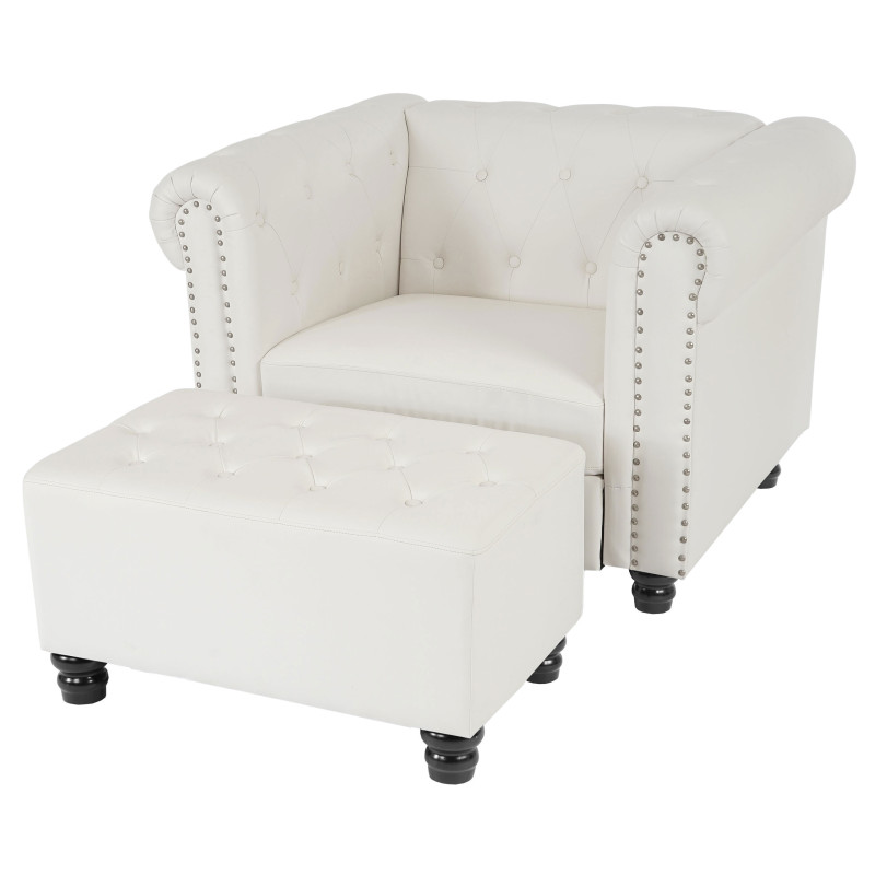 Fauteuil de luxe Chesterfield, fauteuil longue, similicuir - pieds ronds, blanc avec ottomane