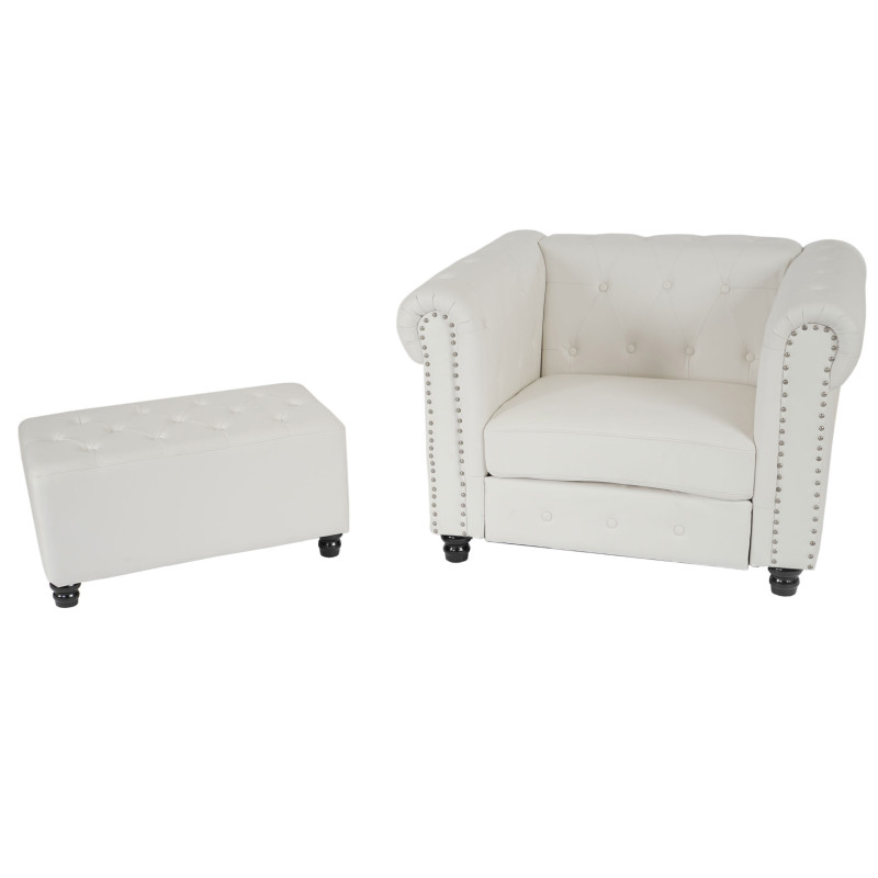 Fauteuil de luxe Chesterfield, fauteuil longue, similicuir - pieds ronds, blanc avec ottomane