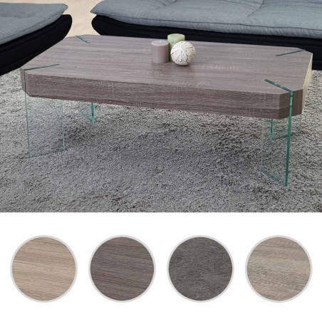 Table basse de salon Kos T578, MVG 40x110x60cm - aspect chêne sauvage, pieds en verre