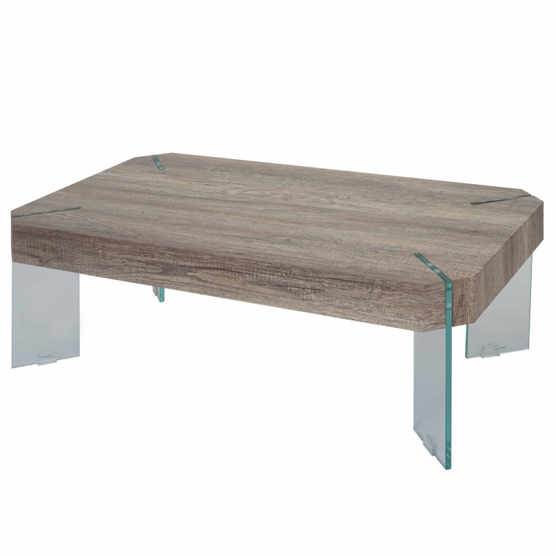 Table basse de salon Kos T578, MVG 40x110x60cm - aspect chêne sauvage, pieds en verre