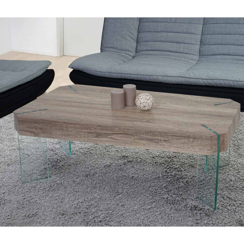 Table basse de salon Kos T578, MVG 40x110x60cm - aspect chêne sauvage, pieds en verre