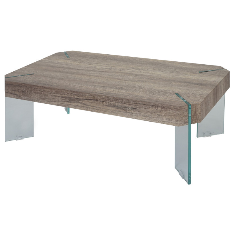 Table basse de salon Kos T578, MVG 40x110x60cm - aspect chêne sauvage, pieds en verre