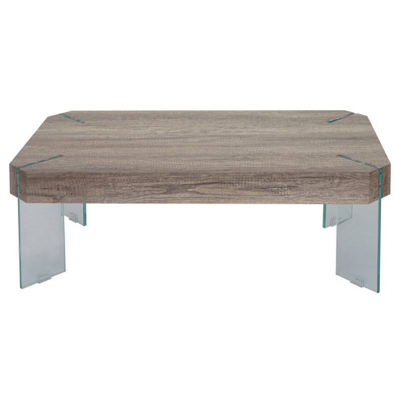 Table basse de salon Kos T578, MVG 40x110x60cm - aspect chêne sauvage, pieds en verre