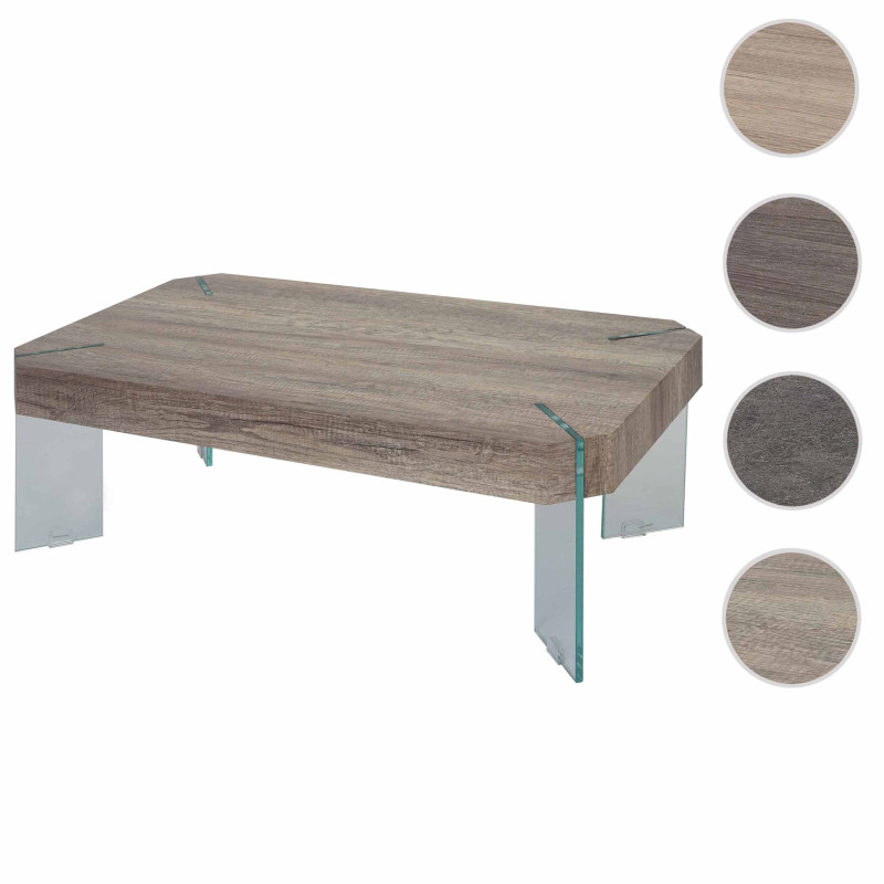 Table basse de salon Kos T578, MVG 40x110x60cm - aspect chêne sauvage, pieds en verre