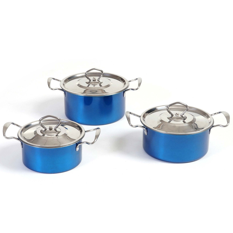 set de casseroles camping Cuneo, vaisselle, kit de pots, 6 pièces acier affiné - bleu