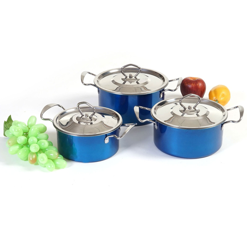 set de casseroles camping Cuneo, vaisselle, kit de pots, 6 pièces acier affiné - bleu