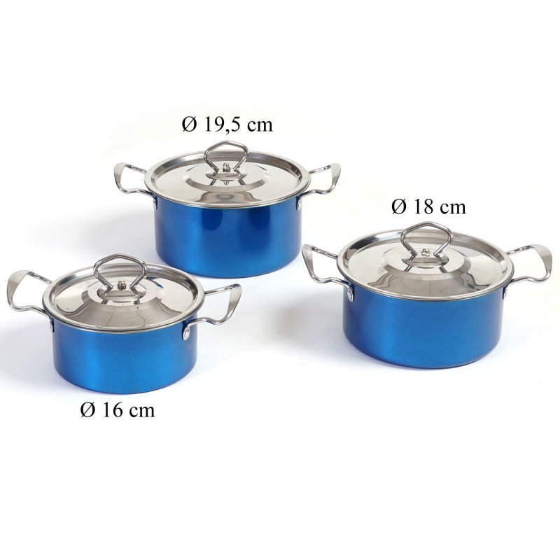 set de casseroles camping Cuneo, vaisselle, kit de pots, 6 pièces acier affiné - bleu