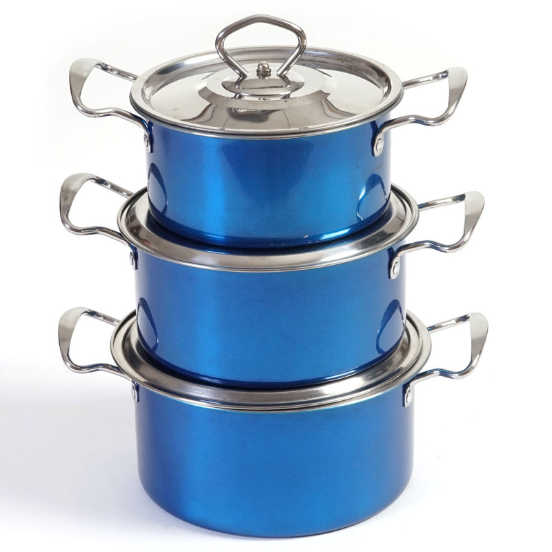 set de casseroles camping Cuneo, vaisselle, kit de pots, 6 pièces acier affiné - bleu