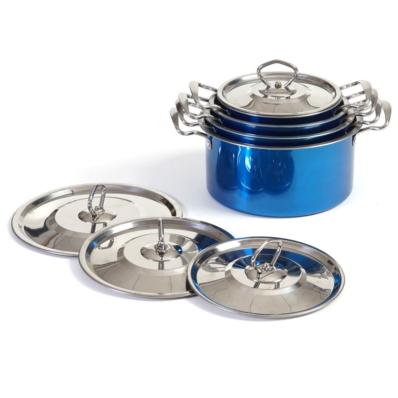 set de casseroles camping Cuneo, vaisselle, kit de pots, 6 pièces acier affiné - bleu