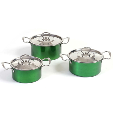 set de casseroles camping Cuneo, vaisselle, kit de pots, 6 pièces acier affiné - vert