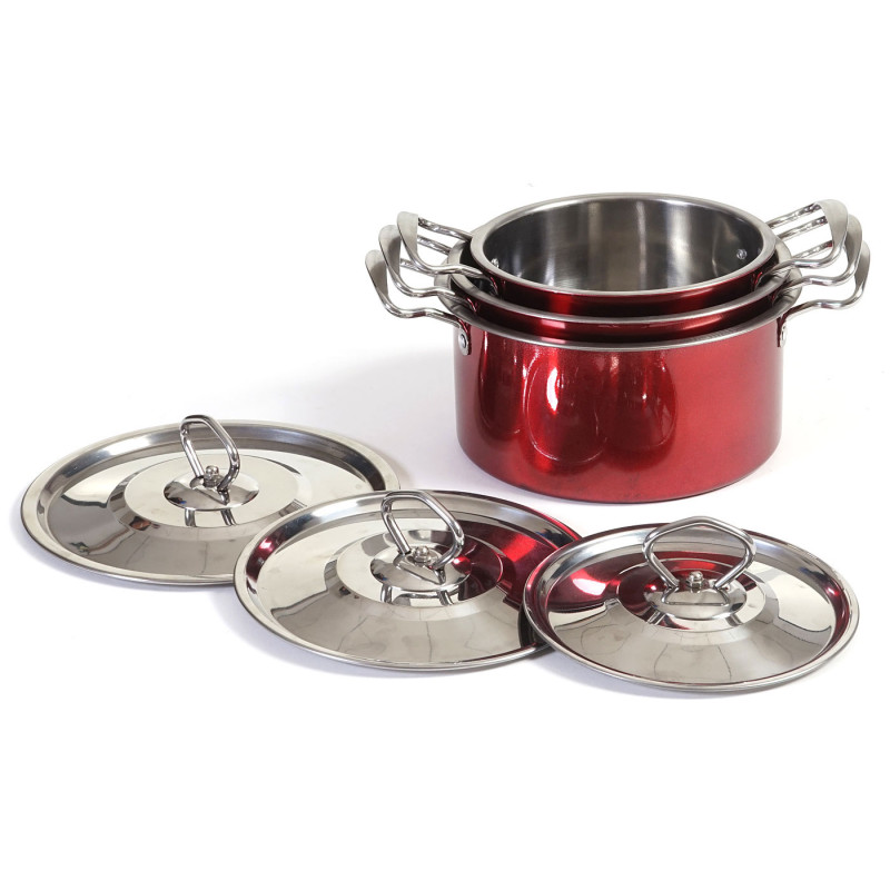 set de casseroles camping Cuneo, vaisselle, kit de pots, 6 pièces acier affiné - rouge