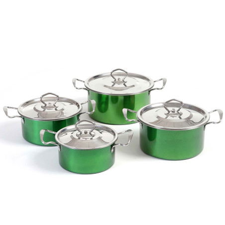 set de casseroles camping Cuneo, vaisselle, kit de pots, 8 pièces acier affiné - vert