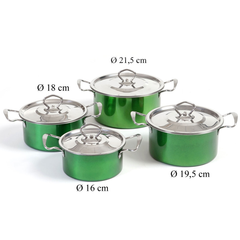 set de casseroles camping Cuneo, vaisselle, kit de pots, 8 pièces acier affiné - vert