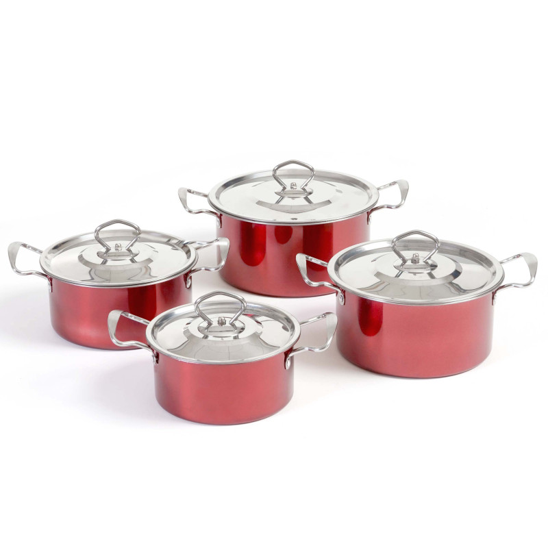 set de casseroles camping Cuneo, vaisselle, kit de pots, 8 pièces acier affiné - rouge